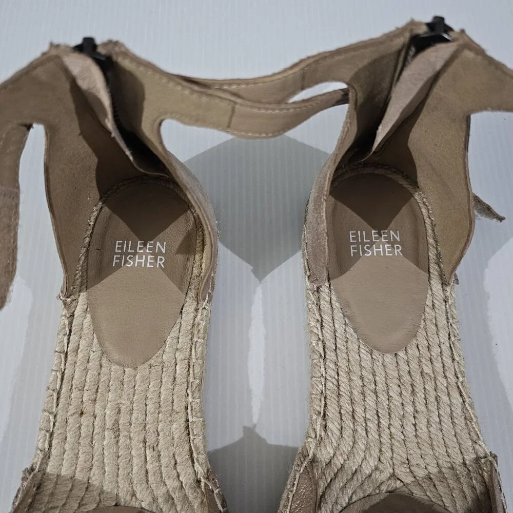Eileen Fisher Lala Flat Espadrille Sandal Womens 9.5 Metallic Tan Leather NEW